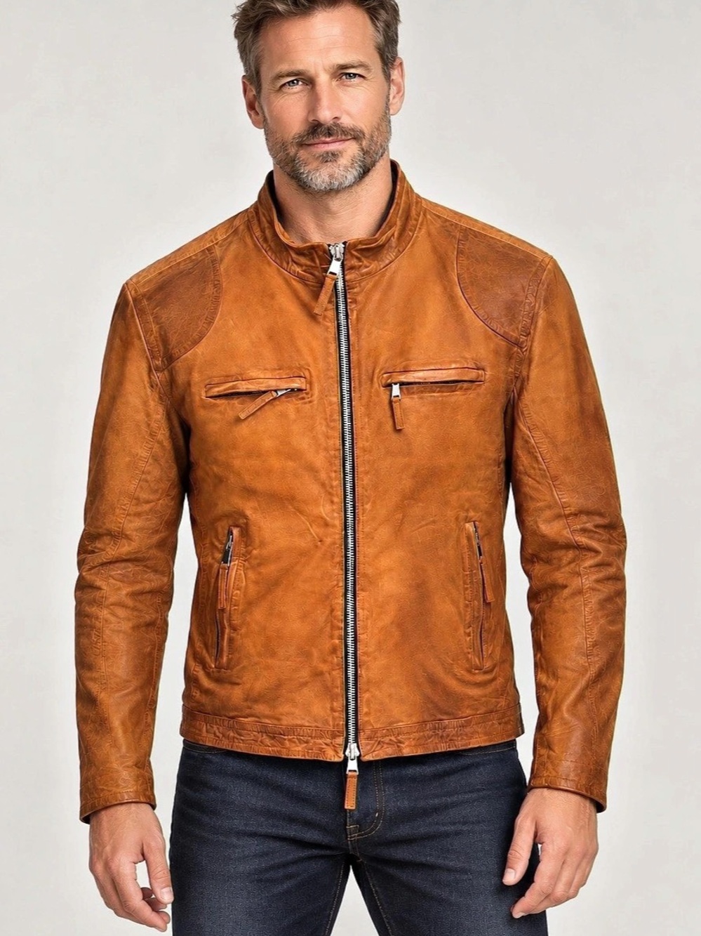 Milestone Fidelio Cognac Leather Moto Jacket NWT EU 50